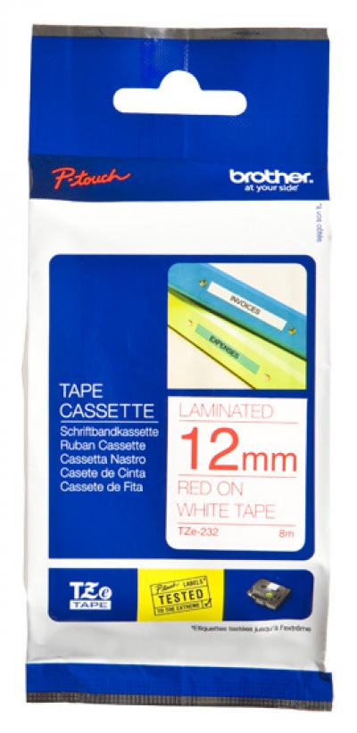Cinta brother tze-232 blanco-rojo 12 mm longitud 8 mt