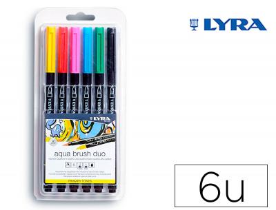 Rotulador lyra aqua brush acuarelable doble punta y pincel tonos primarios blister de 6 unidades