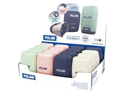 Sacapuntas milan compact serie 1918 plastico 2 usos con goma de borrar expositor de 16 unidades colores
