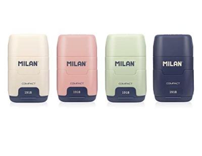 Sacapuntas milan compact serie 1918 plastico 2 usos con goma de borrar expositor de 16 unidades colores