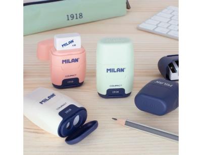 Sacapuntas milan compact serie 1918 plastico 2 usos con goma de borrar expositor de 16 unidades colores