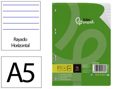 Recambio liderpapel din a5 100 hojas 75 gr horizontal con margen 6 taladros