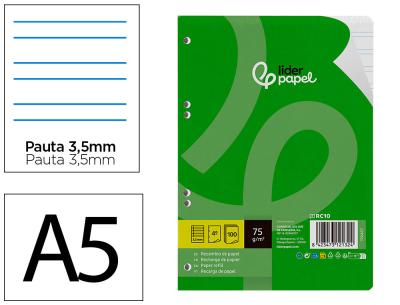 Recambio liderpapel din a5 100 hojas 75 gr pauta 4 3.5mm con margen 6 taladros