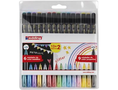 Rotulador edding punta fibra 1200 pack de 13 unidades + 2 unidades gratis colores metalicos/glitter