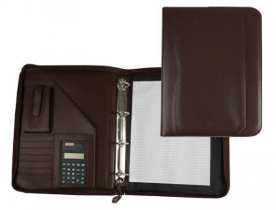Carpeta portafolios q-connect cremallera 4 anillas 20 mm concalculadora con bolsa para movil color marron 260x355 mm