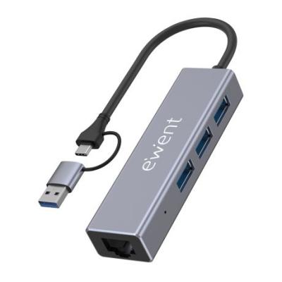 Ewent Adaptador de Red USB-C &plus; USB-A&sol;M 3&period;2 Gen1 a Ethernet Gigabit 10&sol;100&sol;1000 Mbps &plus; Hub 3xUSB-A 3&period;2 Gen1 - 15 cm - Color Gris